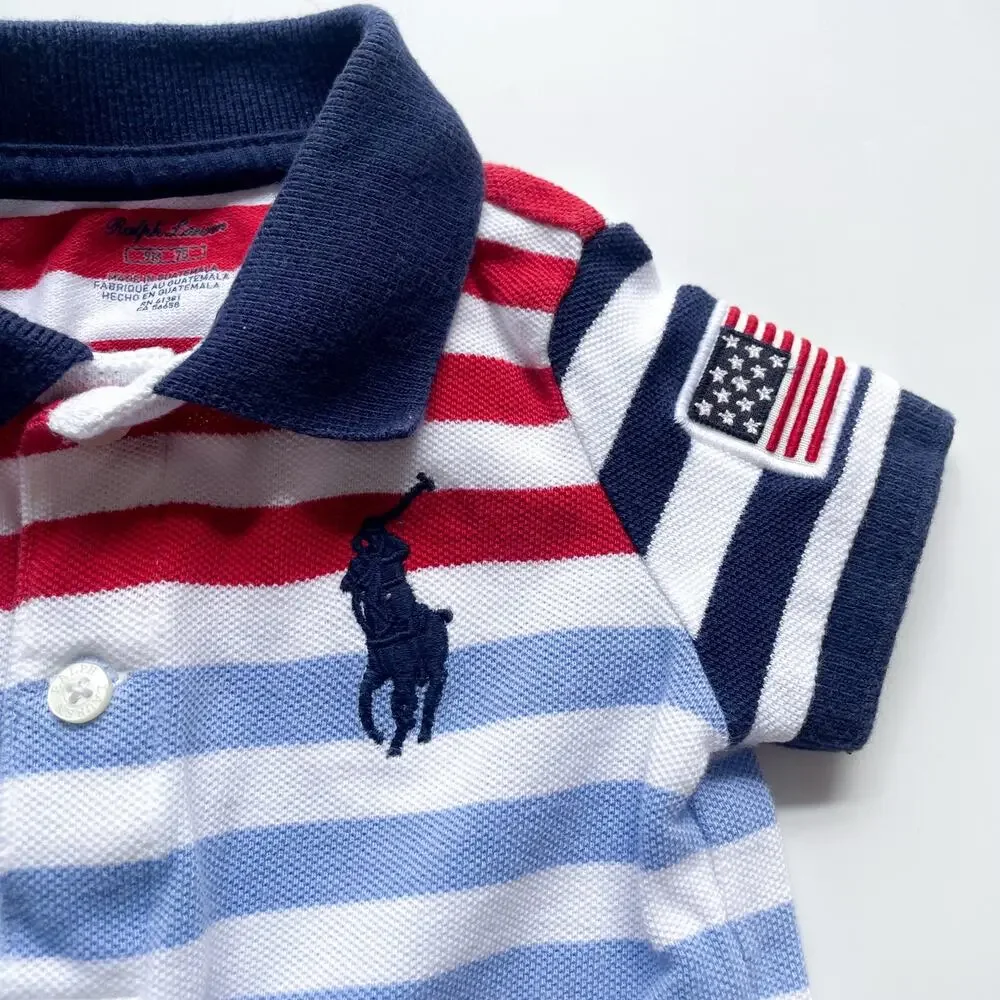 Boy's Polo Ralph Lauren One Piece Red White Blue Striped Large Pony Size 9 Month